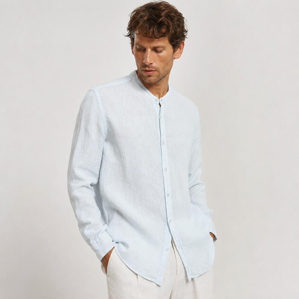GREY Daniele Alessandrini Men's Linen Band Collar Shirt light blue